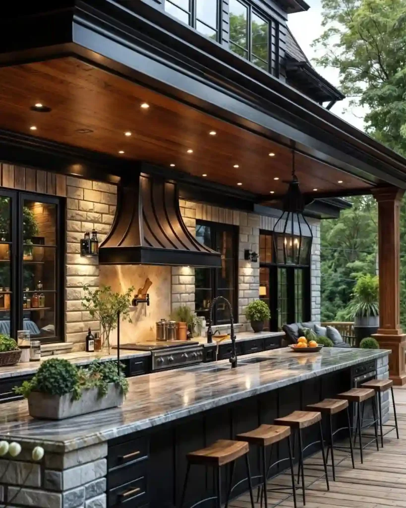 Luxurious covered outdoor kitchen with bar seating