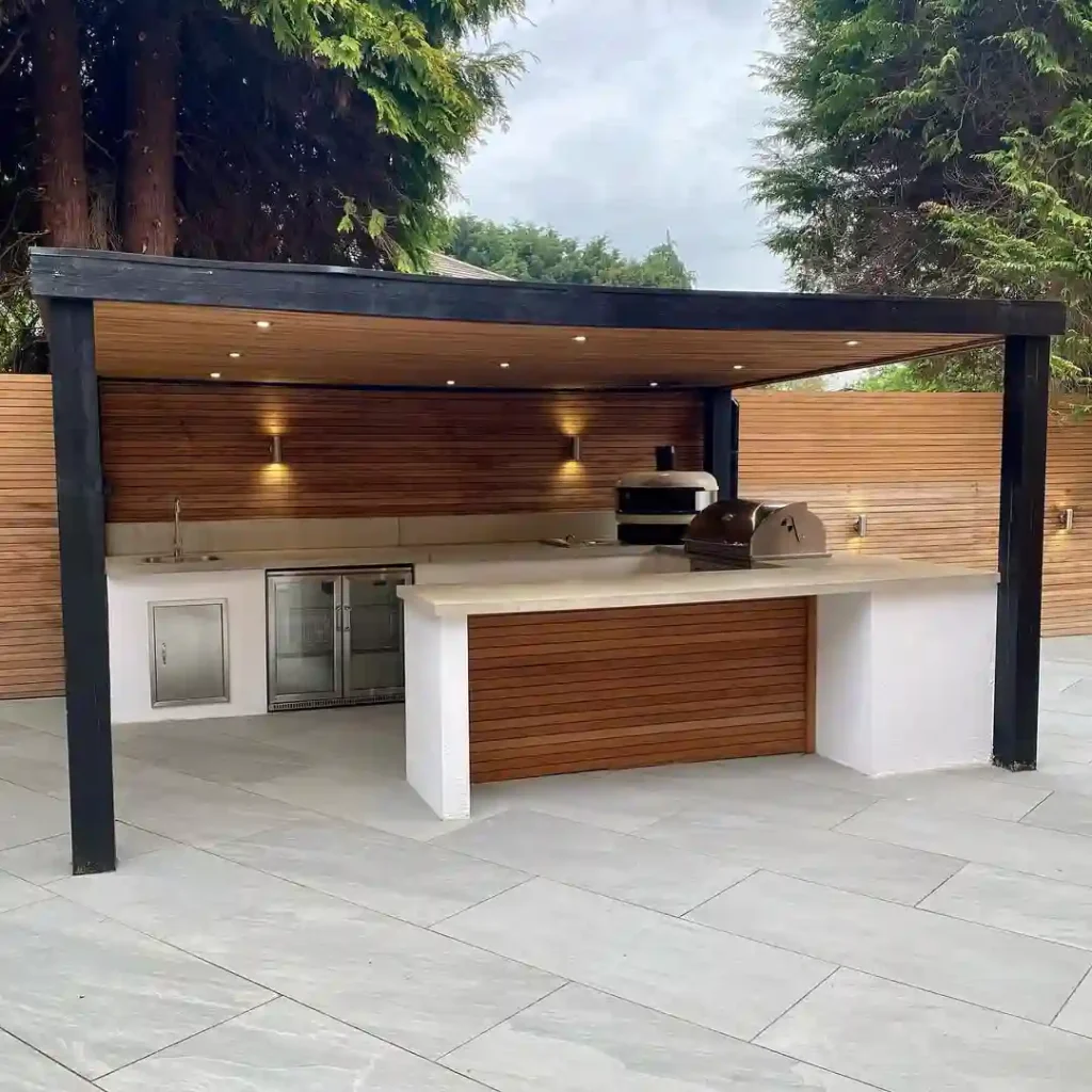 Sleek white and wood outdoor kitchen