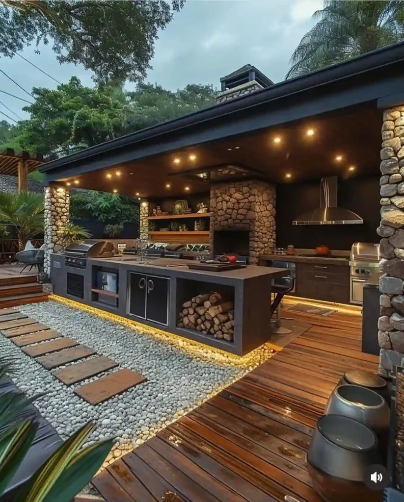 Stone and wood luxury outdoor kitchen with fireplace
