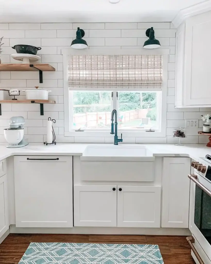Farmhouse-Inspired Kitchen with Subway Tile and Open Shelving