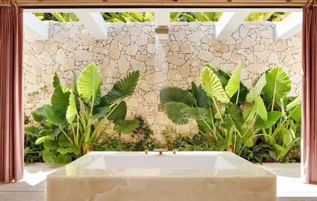 Modern Garden Shower with Stone Wall