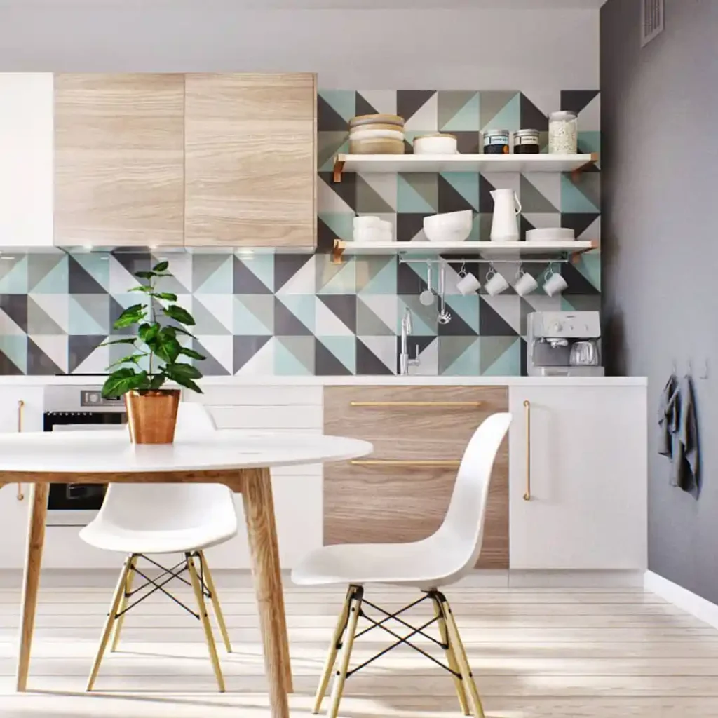 Modern White Kitchen with Geometric Backsplash Tiles