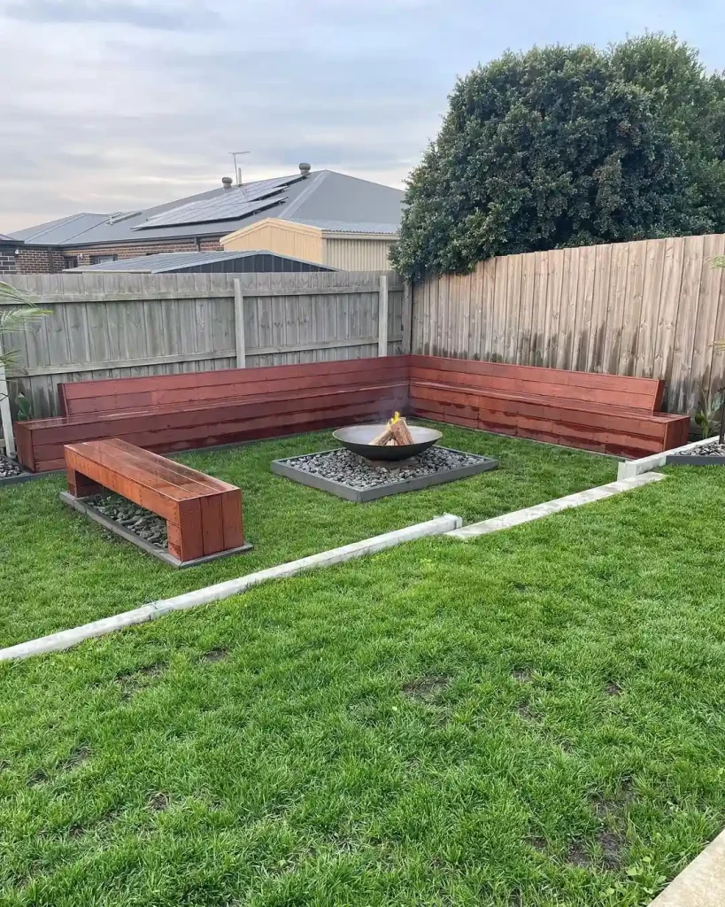 Backyard Fire Pit with Built-In Wooden Benches