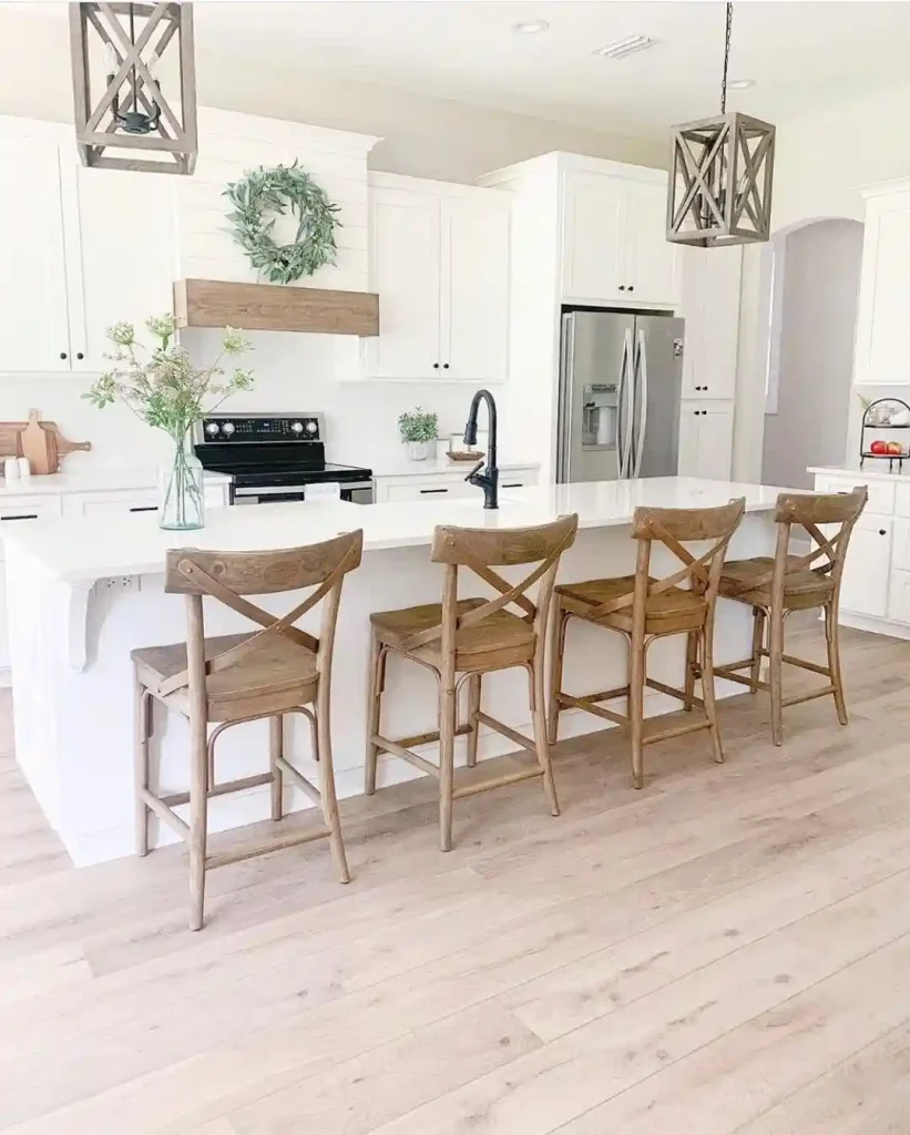 Bright and Breezy Farmhouse Kitchen with Wood Seating