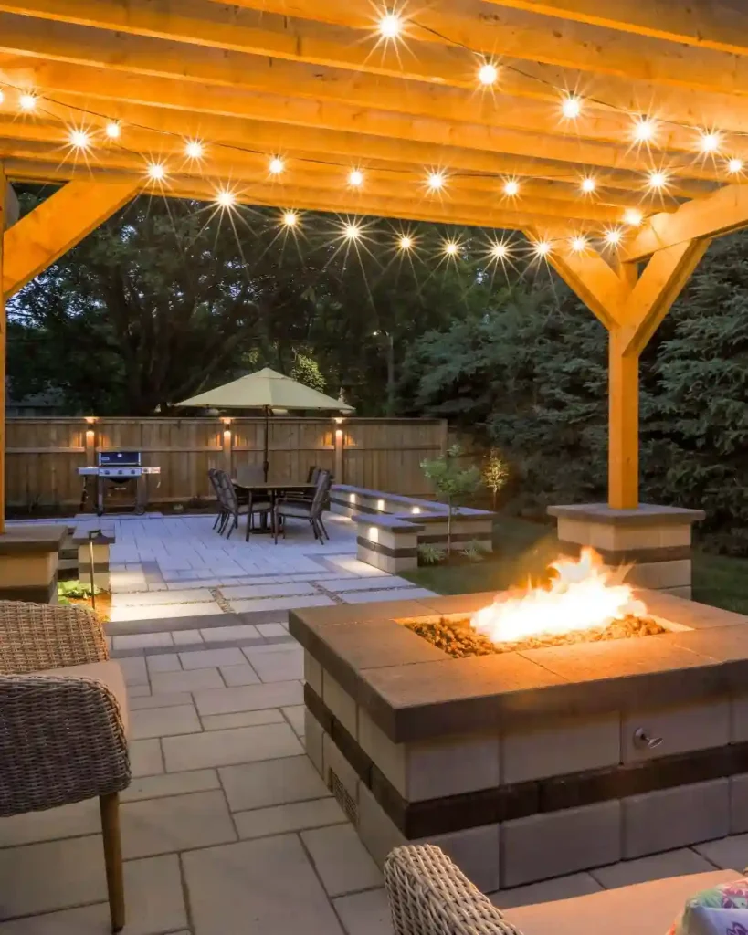 Covered Patio Fire Pit with String Lights
