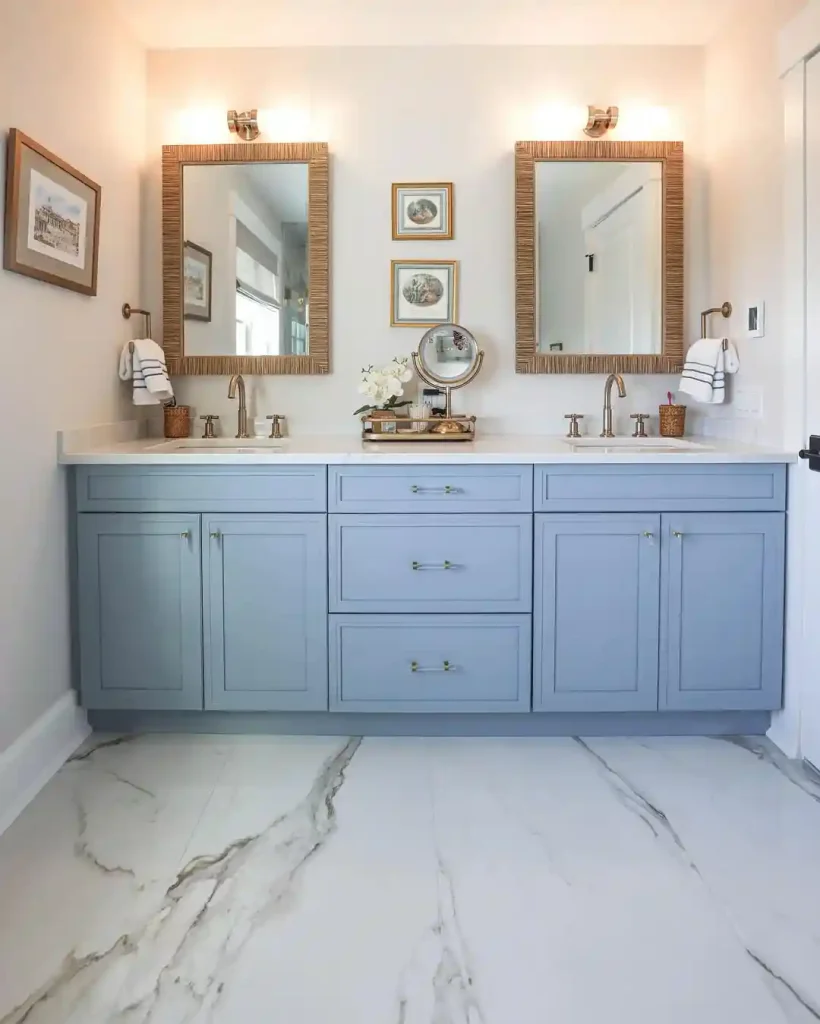 Elegant Double Vanity with Blue Cabinets