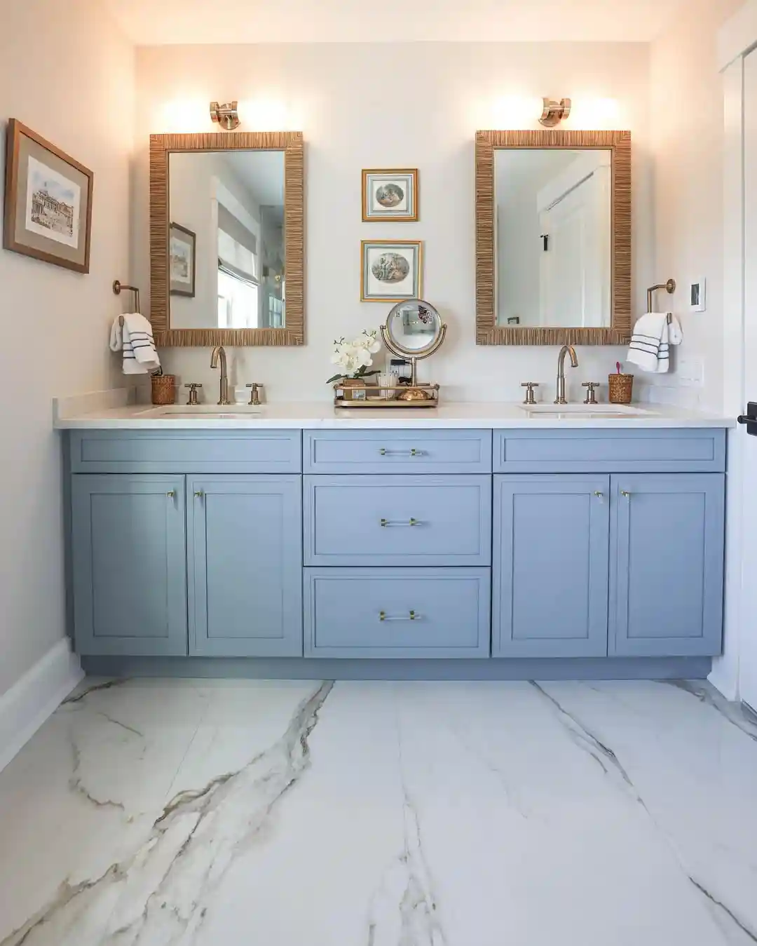 Elegant Double Vanity with Blue Cabinets