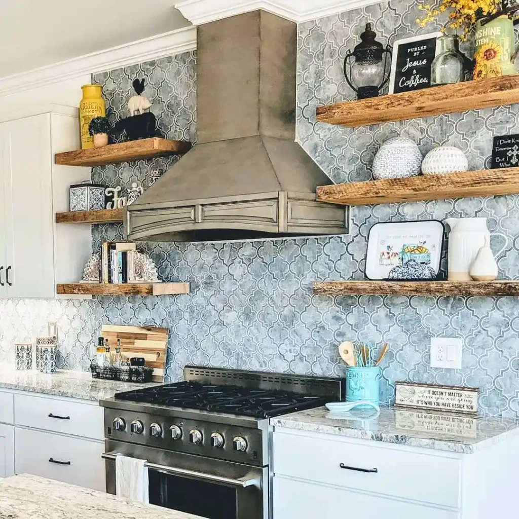 Farmhouse Kitchen with Patterned Backsplash and Rustic Shelves