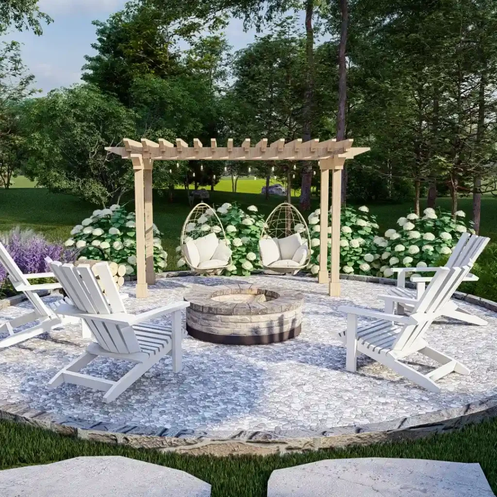 Fire Pit Circle with Pergola and Swing Seats