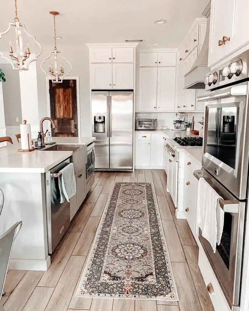 Galley-Style White Kitchen with Vintage-Inspired Runner