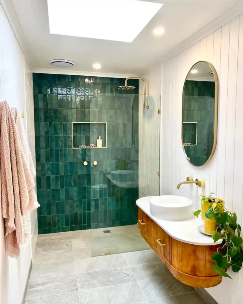 Green Coastal Shower with Skylight Glow