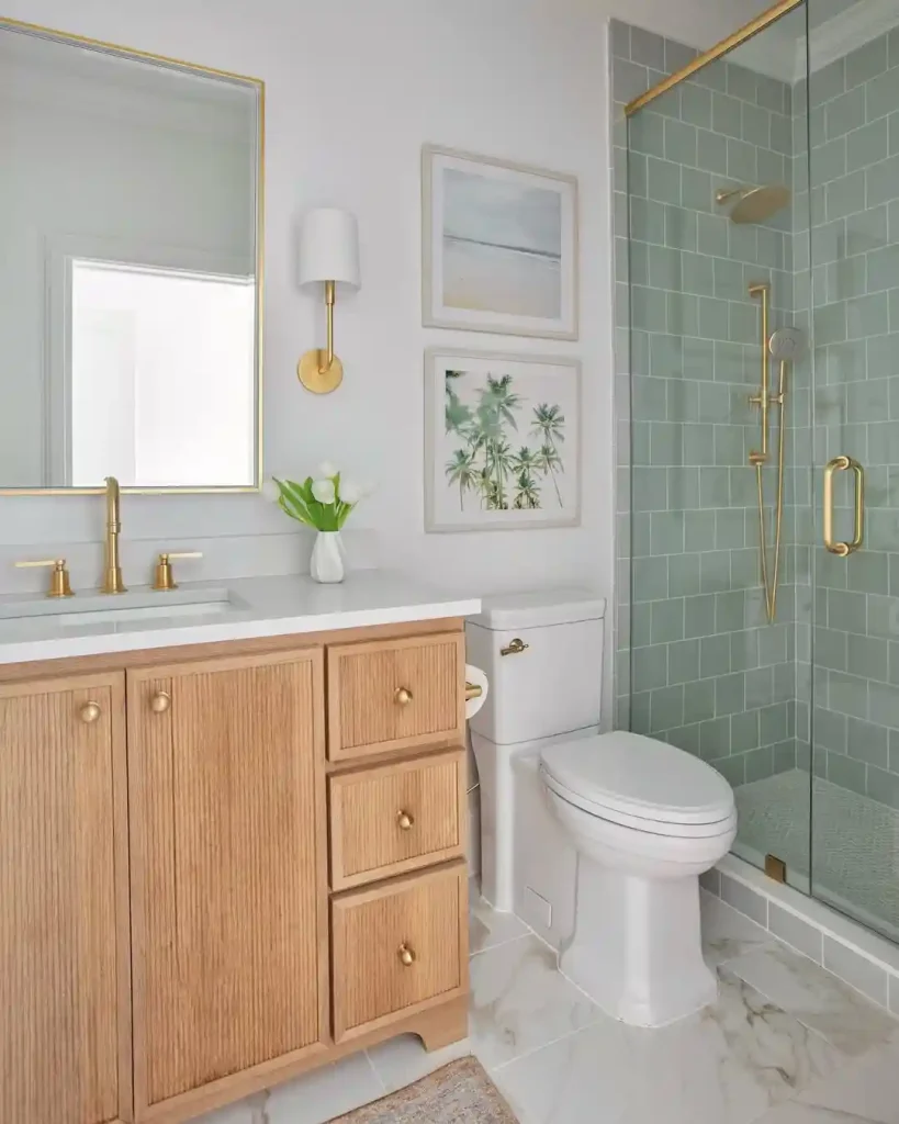 Green Tile Shower with Beach-Inspired Art