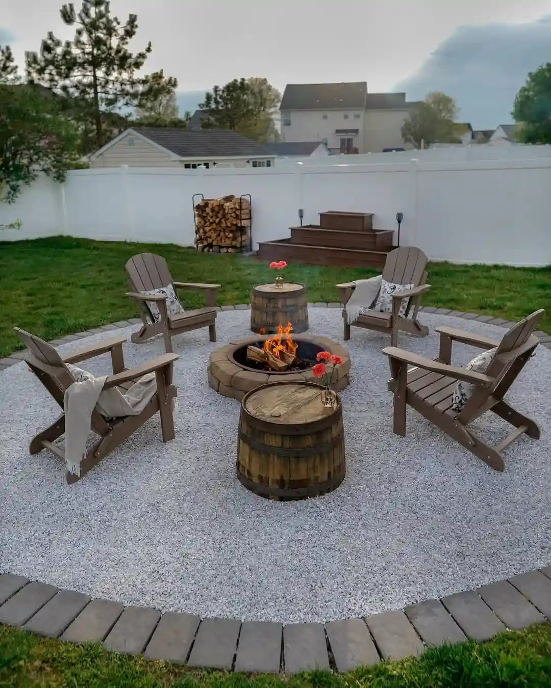 Rustic Charm with Adirondack Chairs and Barrel Tables