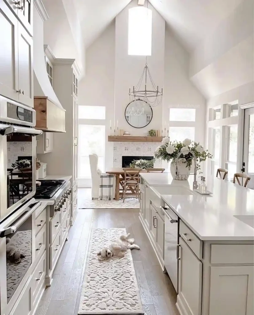 Soft and Serene White Farmhouse Kitchen with Vaulted Ceilings