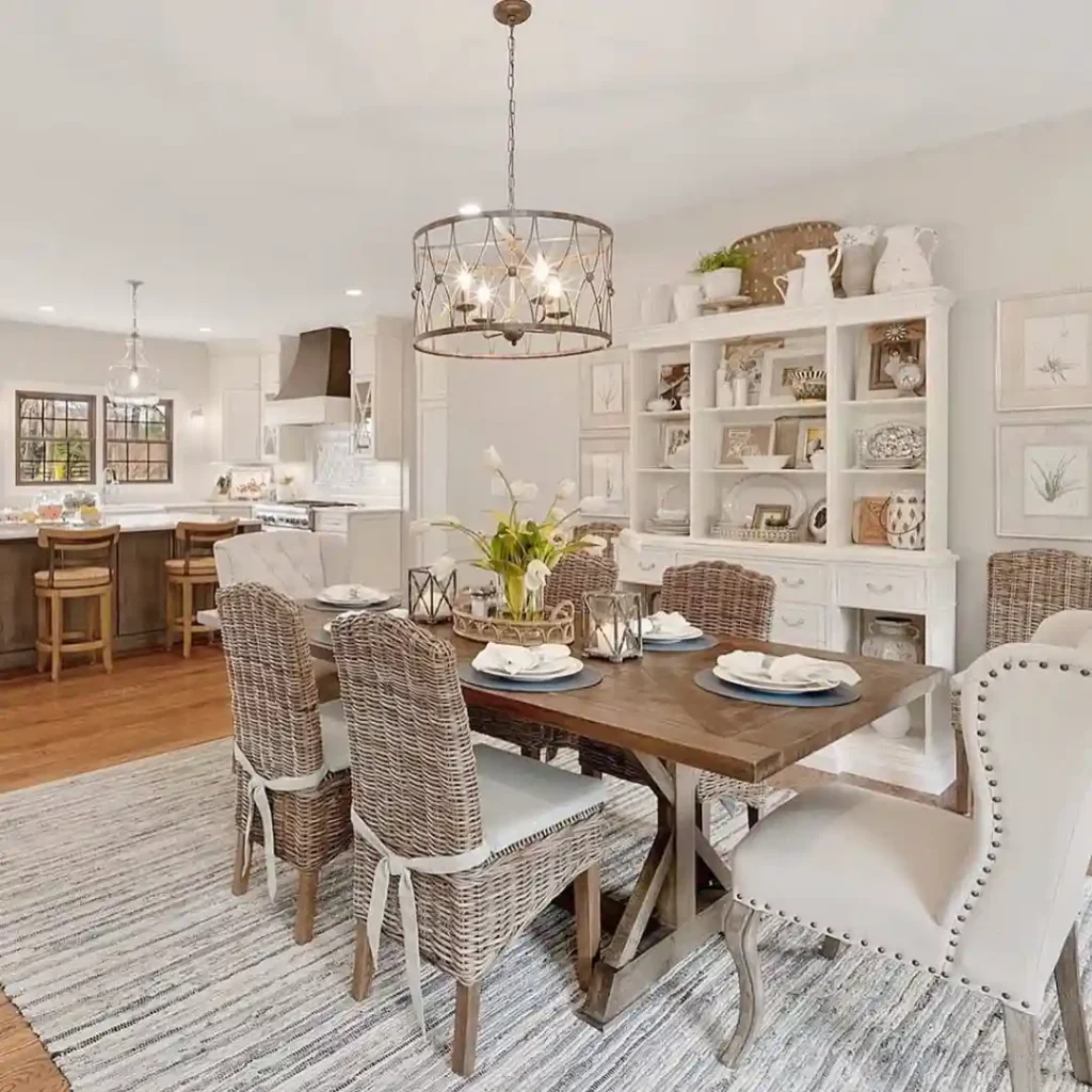 Warm Farmhouse Kitchen with Statement Hutch and Dining Area