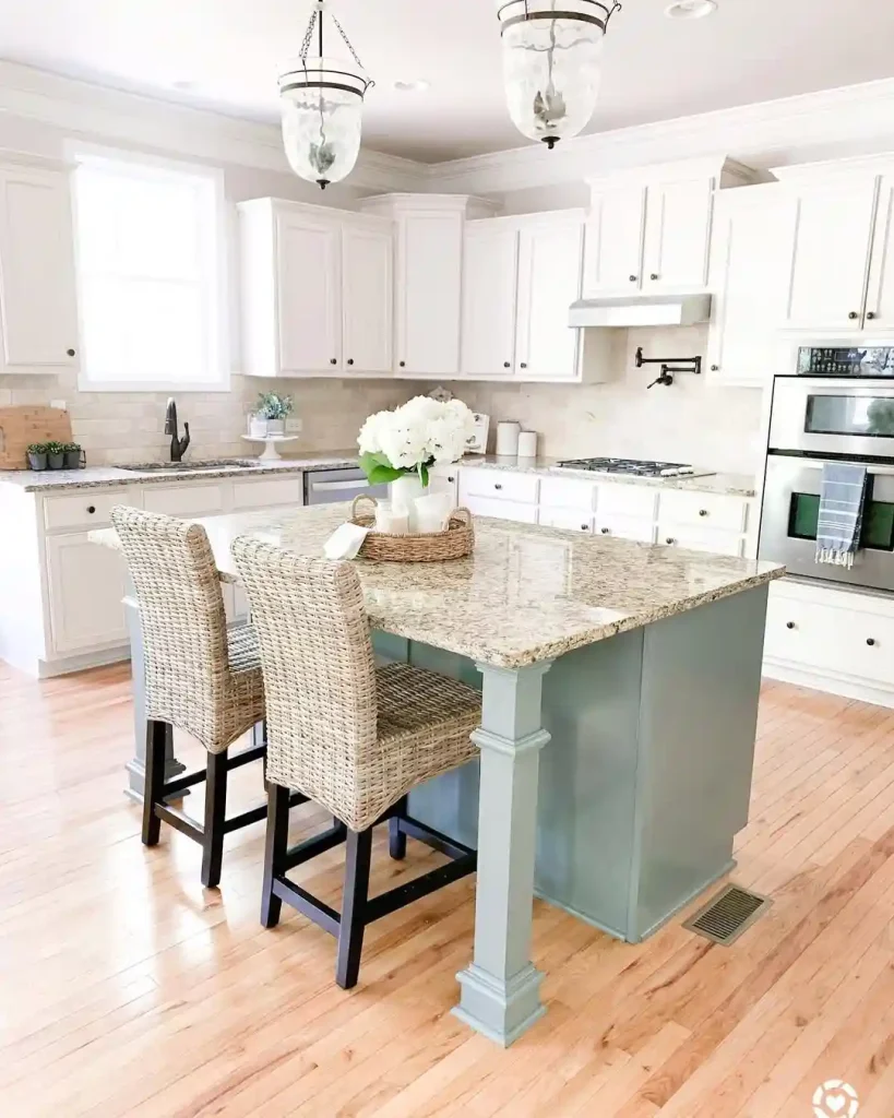 White Farmhouse Kitchen with Blue Island Base