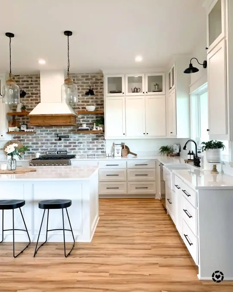 White Farmhouse Kitchen with Brick Backsplash