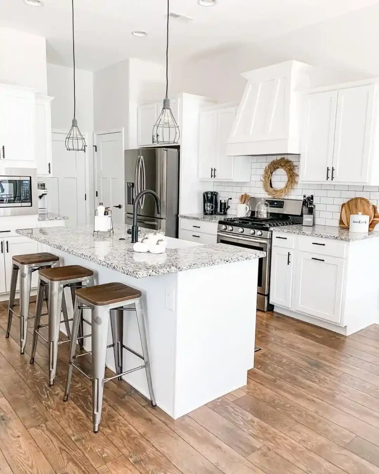 White Farmhouse Kitchen with Industrial Bar Stools
