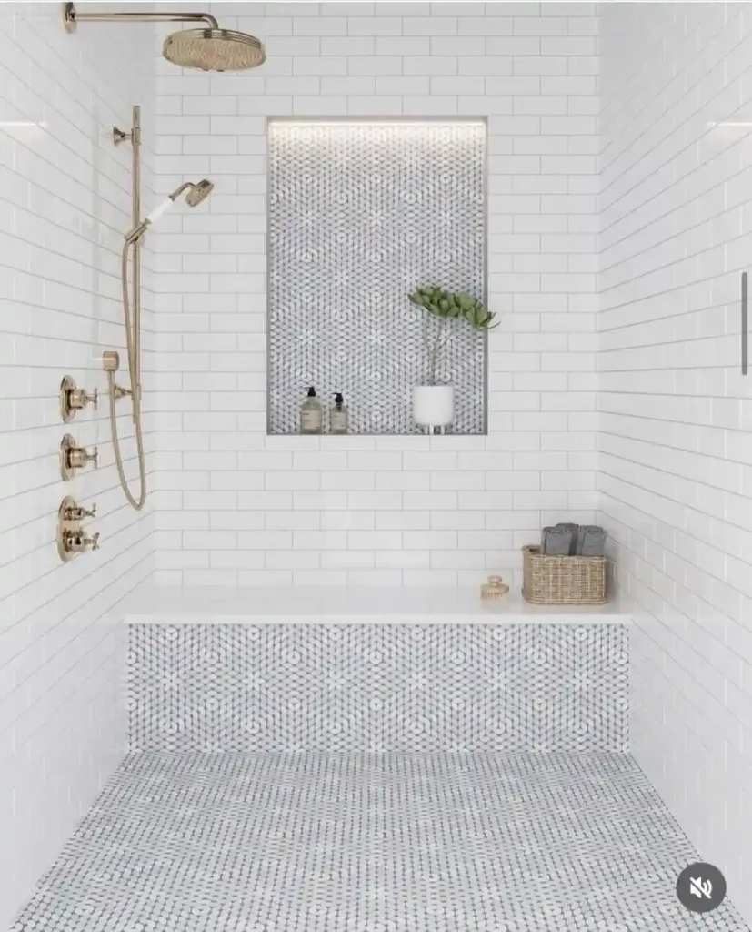 White Shower with Patterned Tile Bench