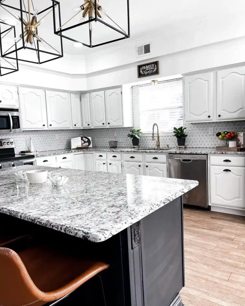 White and Black Farmhouse Kitchen with Granite Island