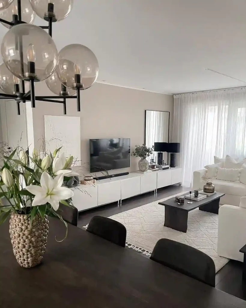 Black and White Scandinavian Living Room with Modern Glam