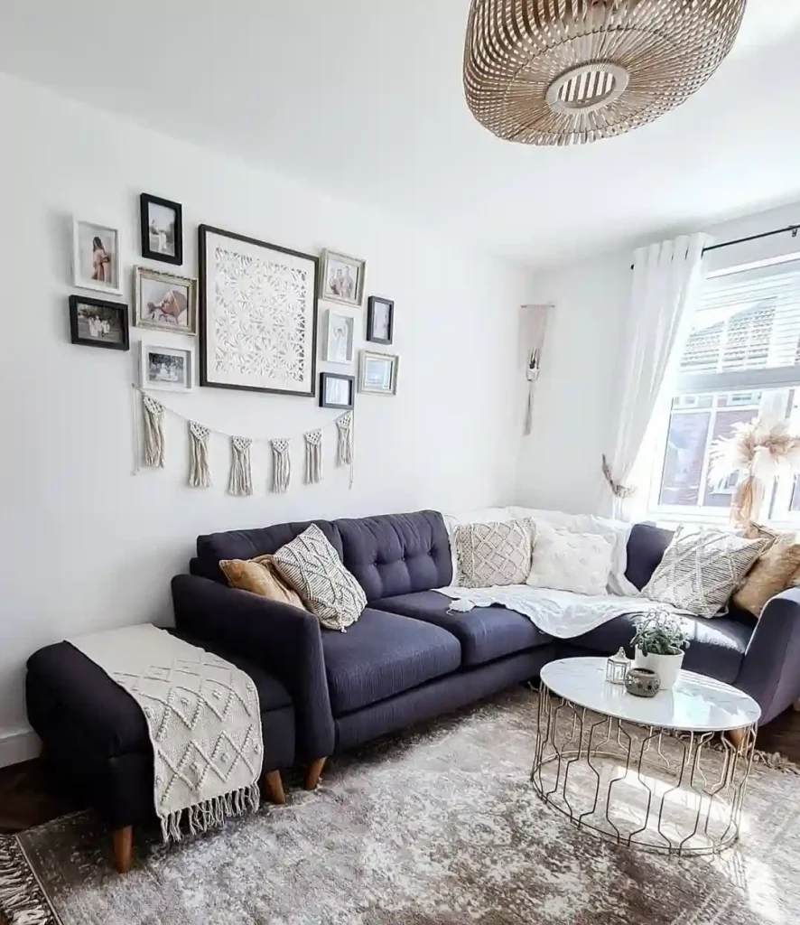 Boho-Scandinavian Living Room with Navy Sofa
