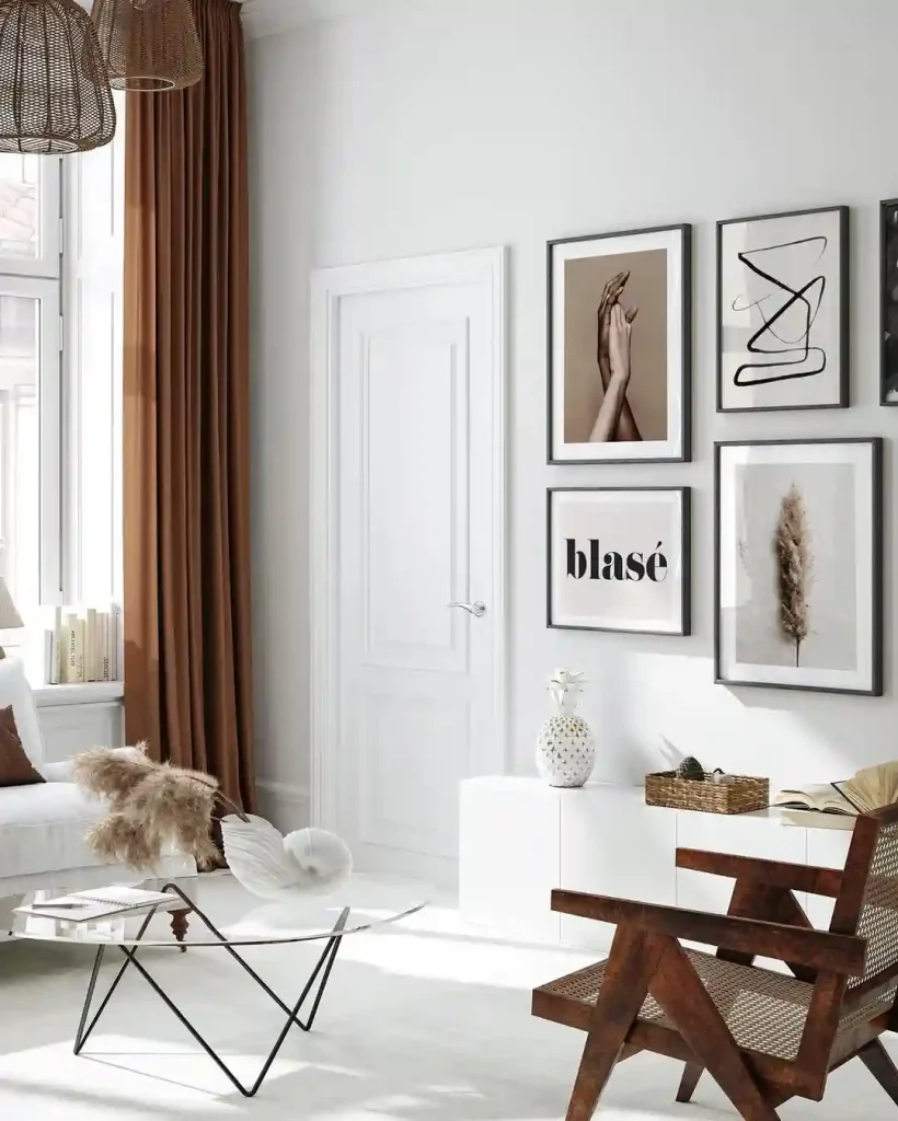 Gallery Wall Scandinavian Living Room with Earthy Contrast
