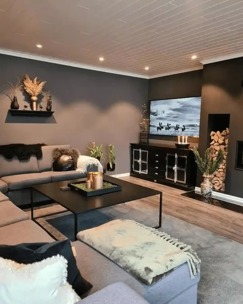 Moody Scandinavian Living Room with Charcoal Walls