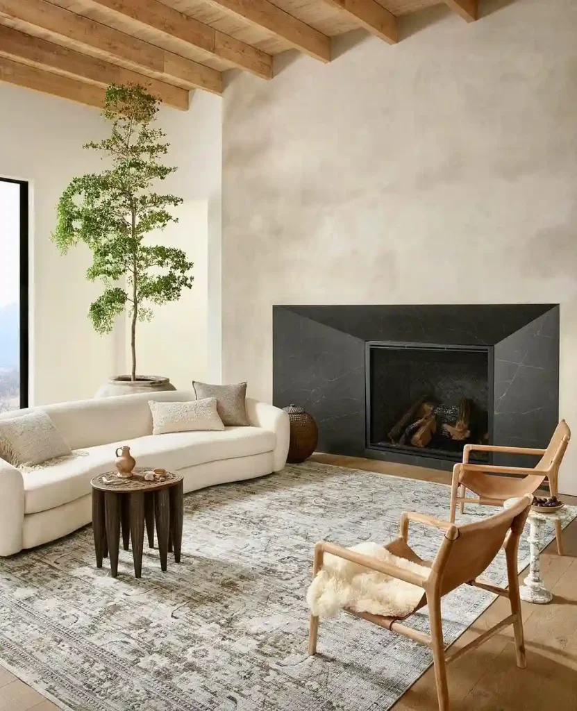 Natural Scandinavian Living Room with Black Fireplace