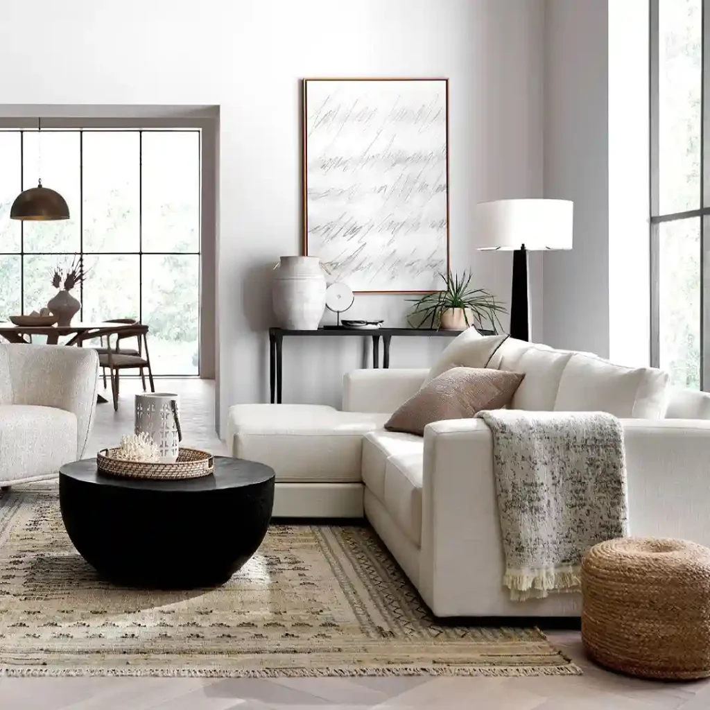 Neutral Minimalist Living Room with Black Accents