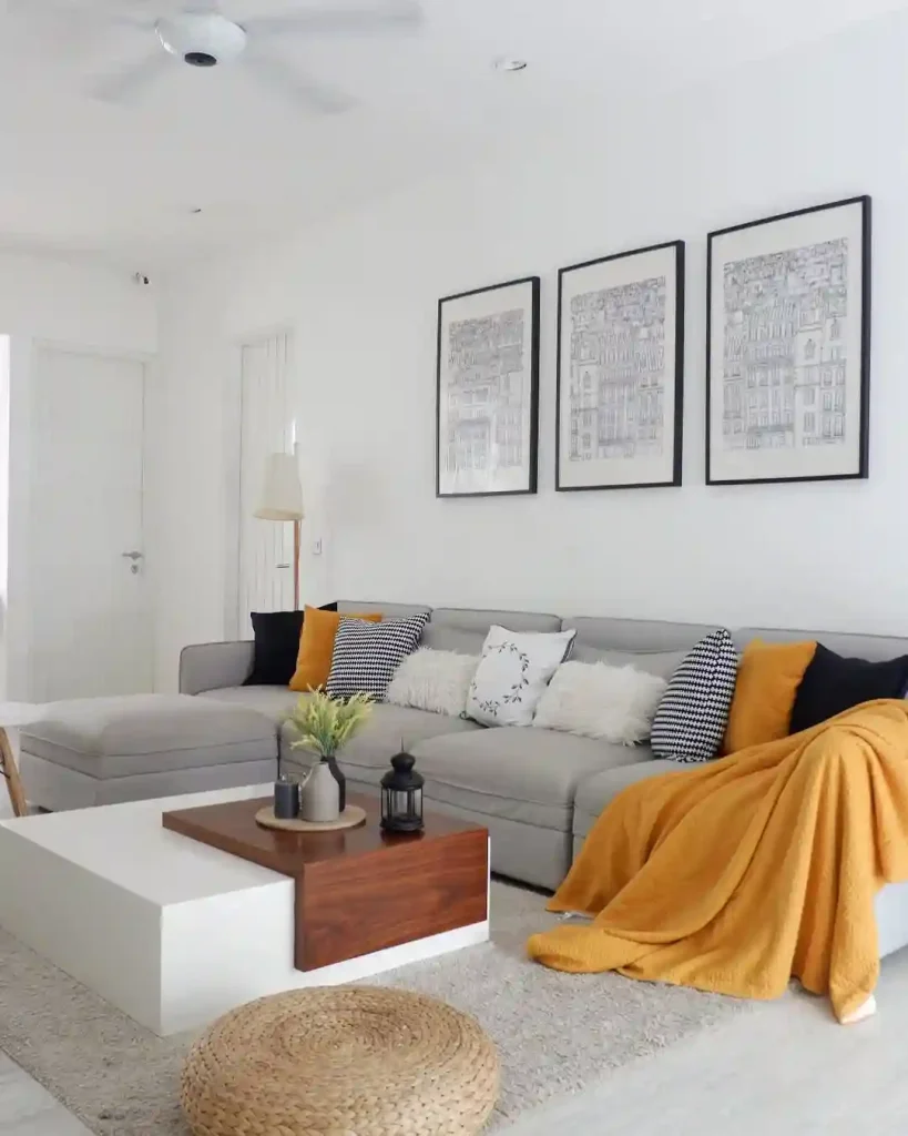 Scandinavian Living Room with Mustard Yellow Accents