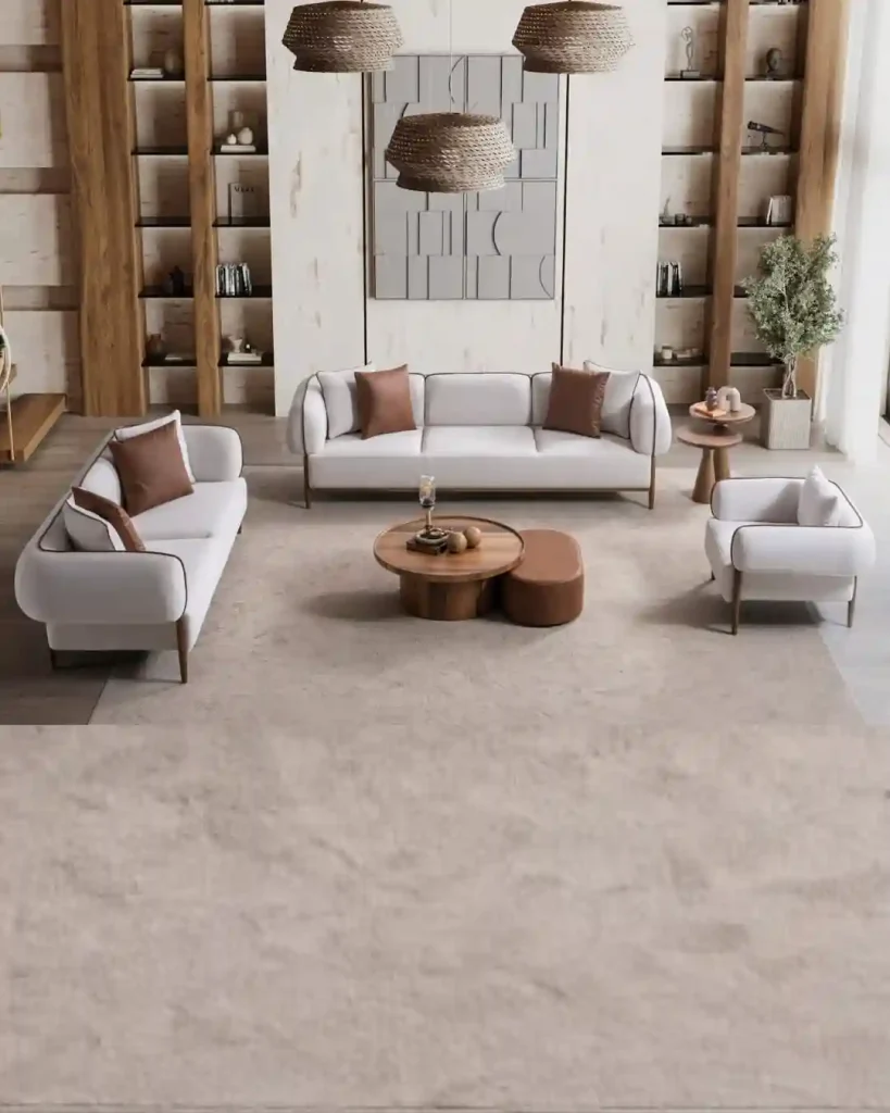 Simple White Minimalist Living Room with Low Wood Table