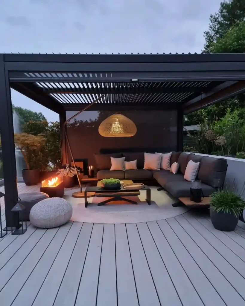 Sleek Black Pergola with Fire Feature