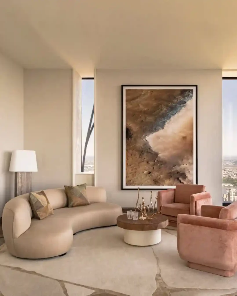 Warm Minimalist Living Room with Sculptural Lighting