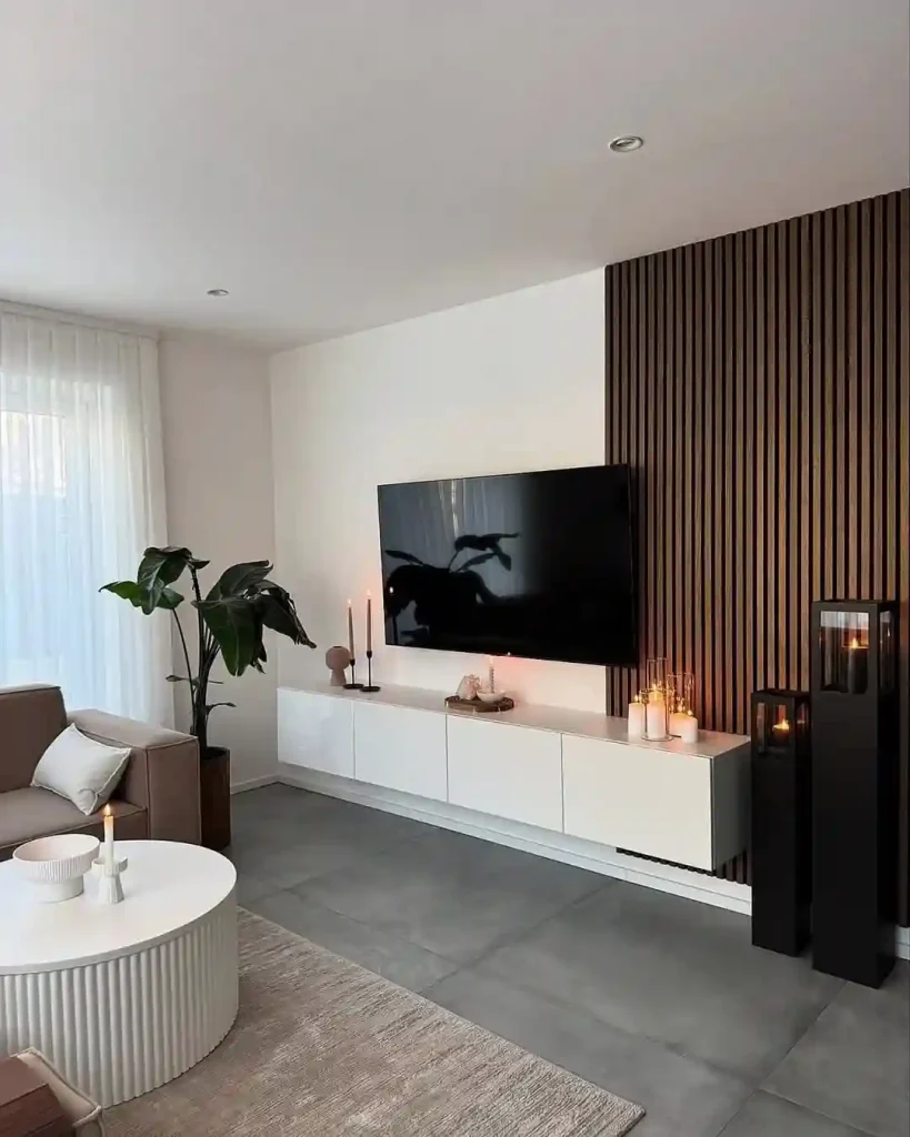 Wood Slat Accent Wall in a Minimalist Entertainment Setup