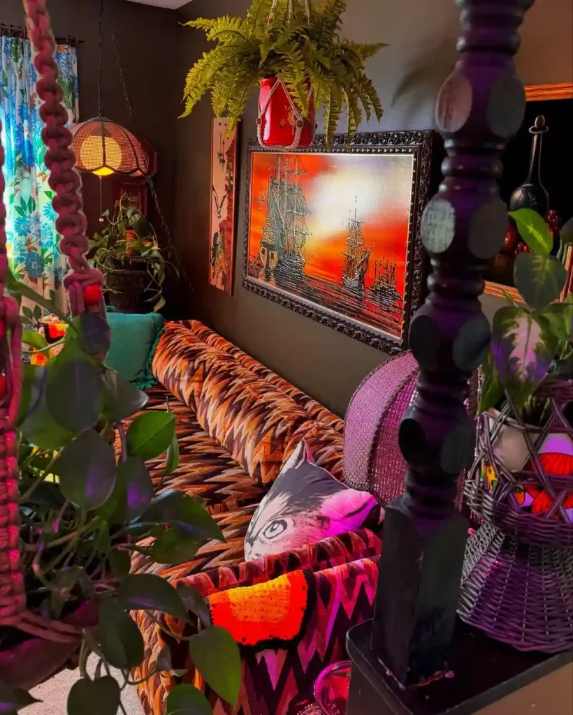 Green Sectional in a Colorful Open Layout