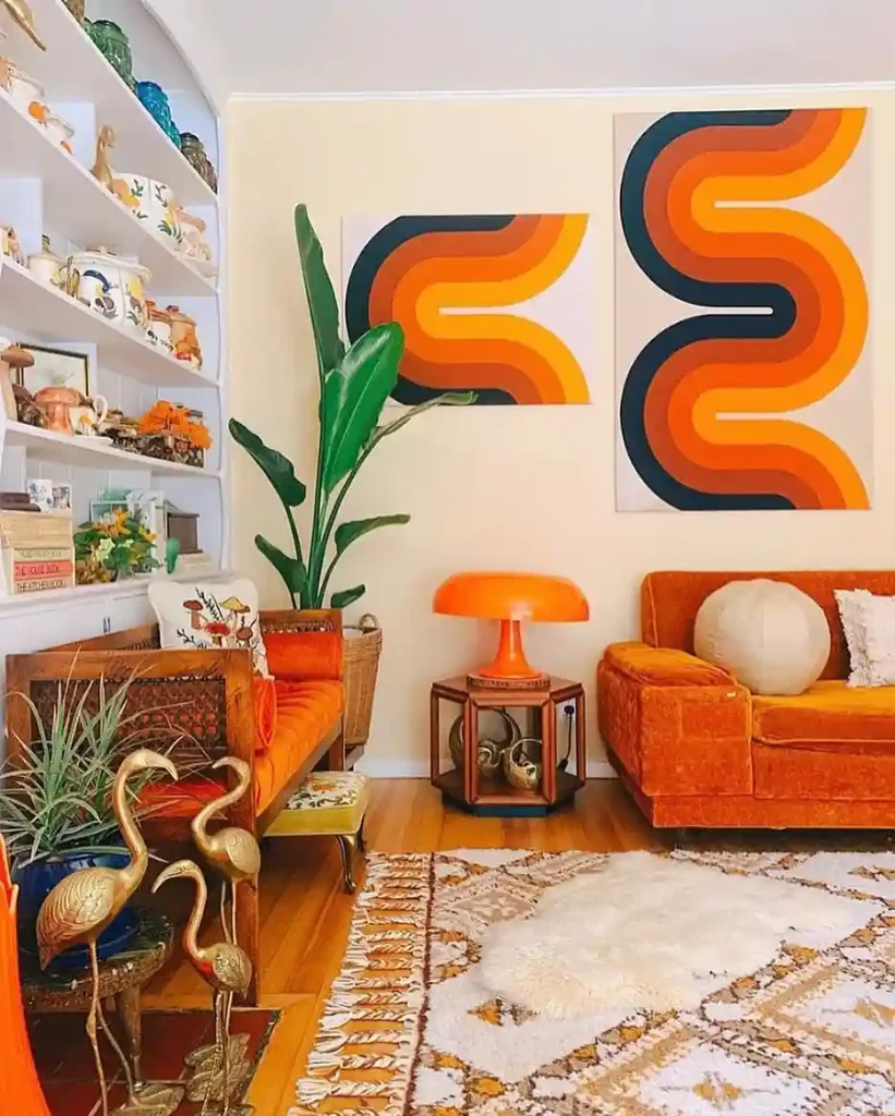 Orange Sofa Meets Funky Wall Art
