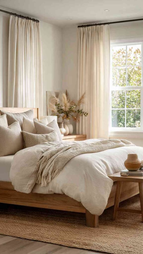 Farmhouse Bedroom with Layered Sheer Curtains for a Soft Glow
