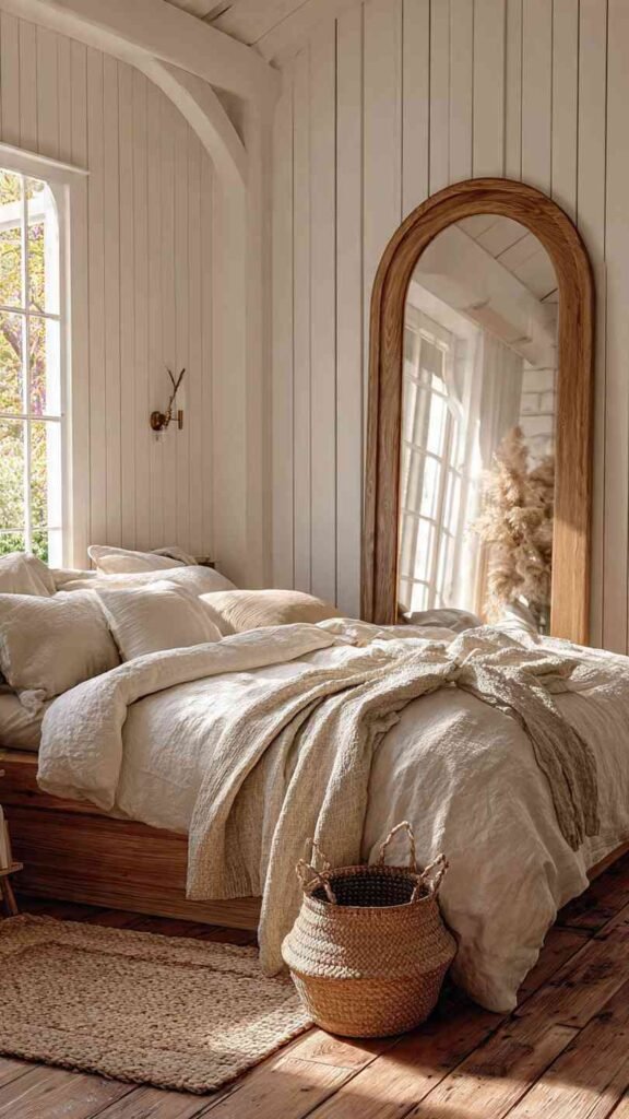 Farmhouse Bedroom with Oversized Arched Mirror