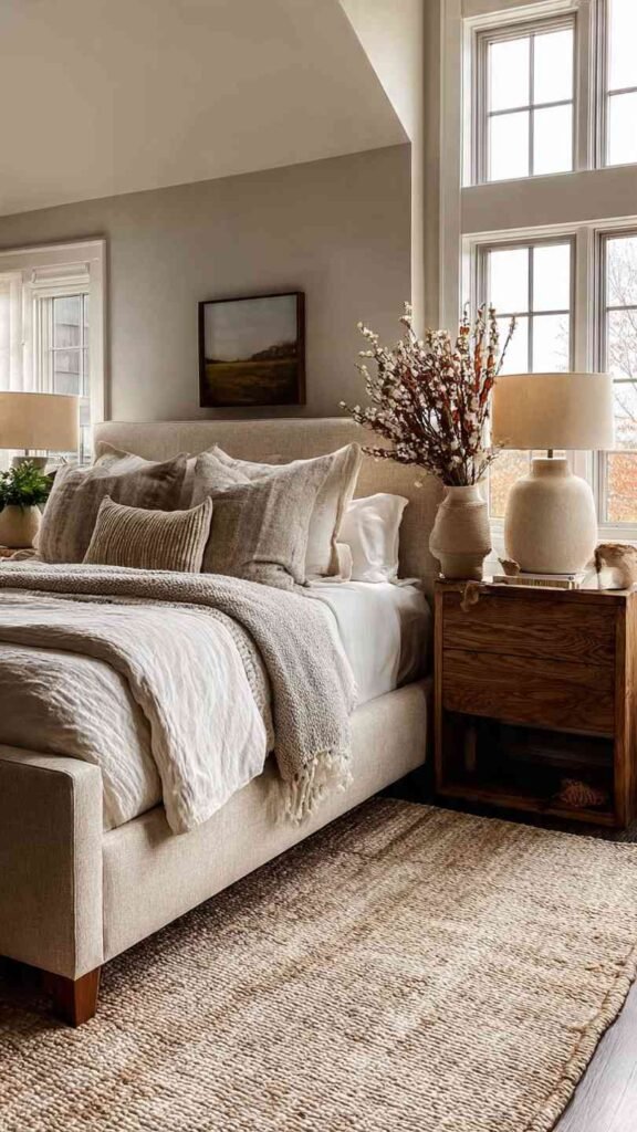 Farmhouse Bedroom with Upholstered Linen Bed Frame