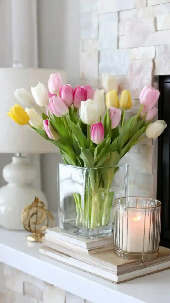 Fresh Tulip Spring Mantel Decor Idea