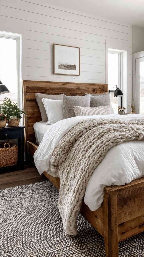 White Shiplap Walls with a Rustic Wood Bed