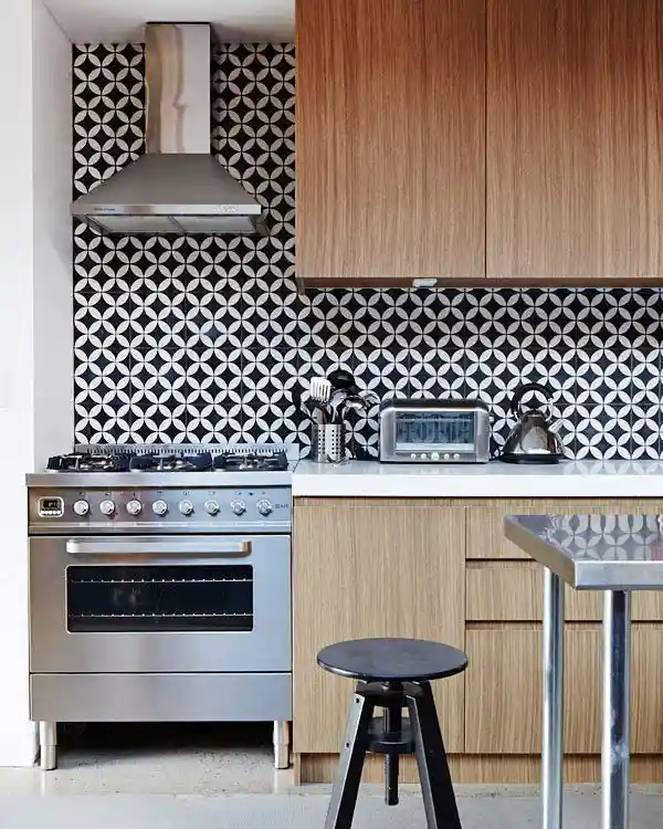 Bold Geometric Black and White Tile Backsplash