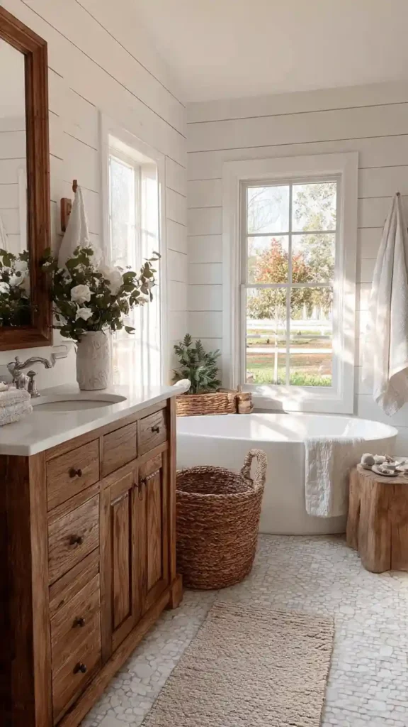 Bright White Shiplap Farmhouse Bathroom