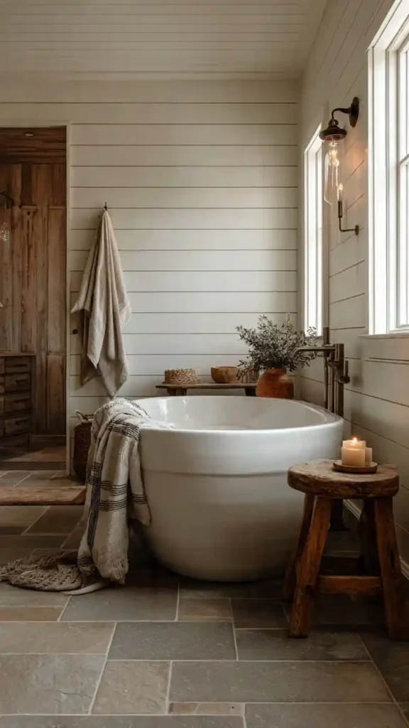 Farmhouse Bathroom with Freestanding Tub and Wood Stool