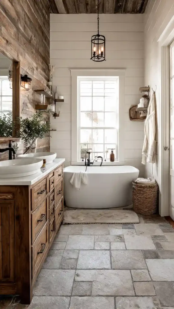 Farmhouse Bathroom with Natural Stone Flooring