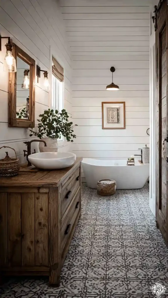 Farmhouse Bathroom with Vintage Tile Floor