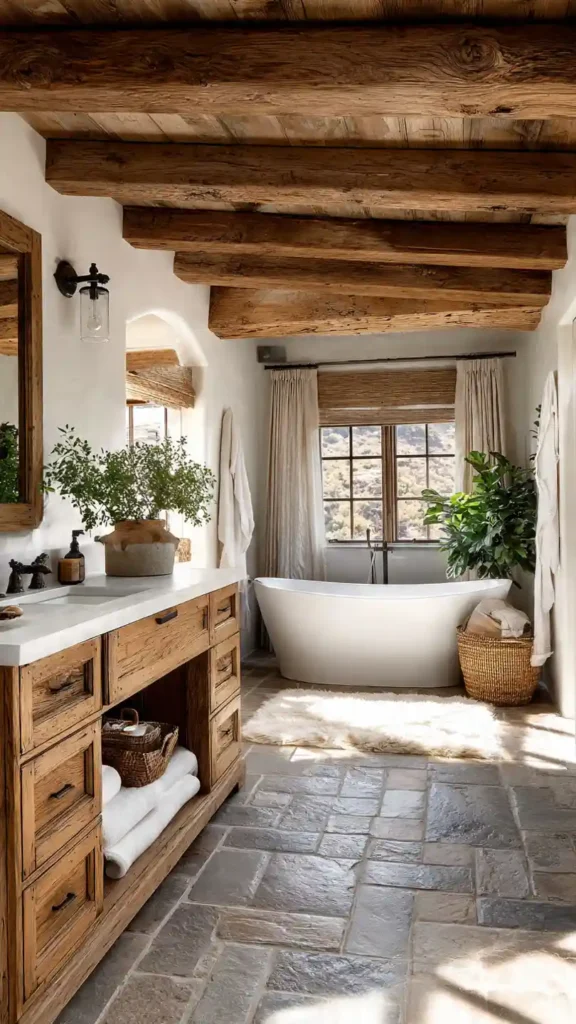 Rustic Farmhouse Bathroom with Wood Beam Ceiling