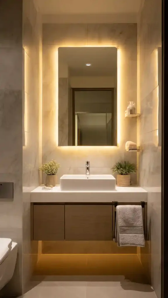 Small Bathroom with Backlit Mirror